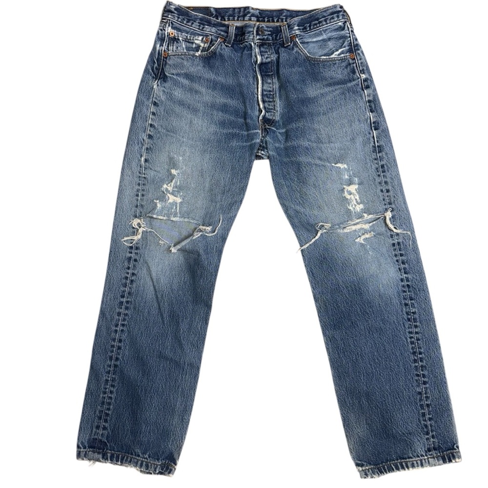 Levi's Men's Straight Jeans - Distressed Medium Blue Denim